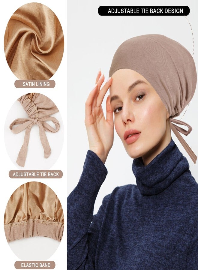 XEPST 2 PCS Hijab Undercap for Women, Satin Undercap for Hijab Islamic Muslim Under Hijabcap Modal Head Wraps Tie Back Bonnet Inner Head Scarf Turbans for Women Chemo Hat Sleep Cap, Black+Khaki - Image 3